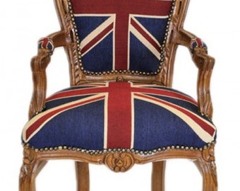 Casa Padrino Barock Esszimmer Stuhl mit Armlehnen Union Jack / Braun - Antik Stil
