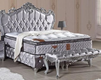 Casa Padrino Barock Doppelbett Silber - Prunkvolles Samt Bett mit Glitzersteinen und
