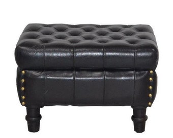 Casa Padrino Echtleder Hocker Schwarz 50 x 40 x H. 35 cm - Luxus Chesterfield Fußhock