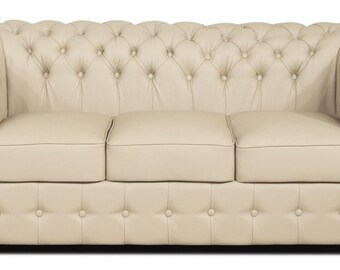 Casa Padrino Echtleder 3er Sofa Creme 200 x 90 x H. 78 cm - Luxus Chesterfield Sofa