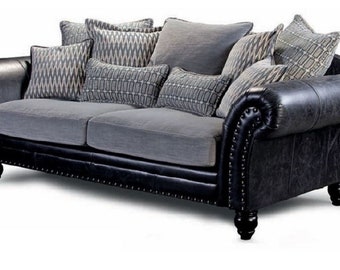 Casa Padrino Luxus Echtleder 3er Sofa Vintage Schwarz / Grau 230 cm