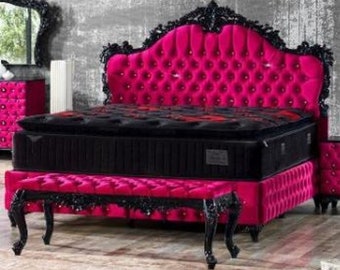Casa Padrino Barock Doppelbett Pink / Schwarz - Prunkvolles Samt Bett mit Glitzerstei