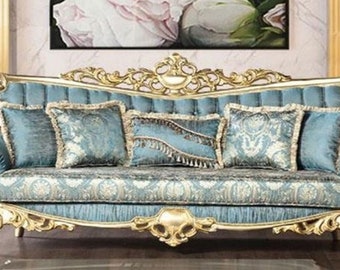Casa Padrino luxury baroque living room sofa turquoise / gold 233 cm