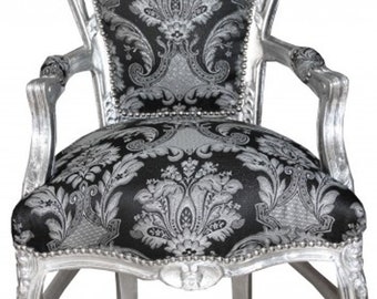 Casa Padrino Barock Esszimmer mit Armlehnen Schwarz Muster / Silber - Antik Stil Möbe