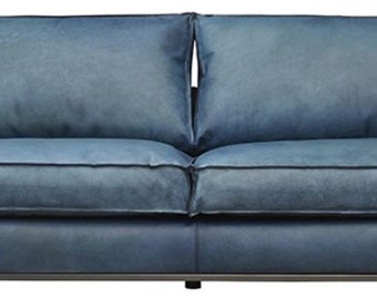 Casa Padrino Luxus Leder Sofa Blau 240 x 106 x H. 83 cm - Echtleder Wohnzimmer Sofa