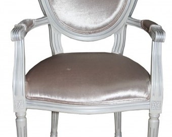 Casa Padrino Barock Esszimmer Stuhl mit Armlehne Beige / White / Silver - Designer St