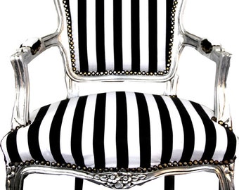 Casa Padrino Barock Salon Stuhl Schwarz / Weiß Streifen / Silber - Möbel gestreift