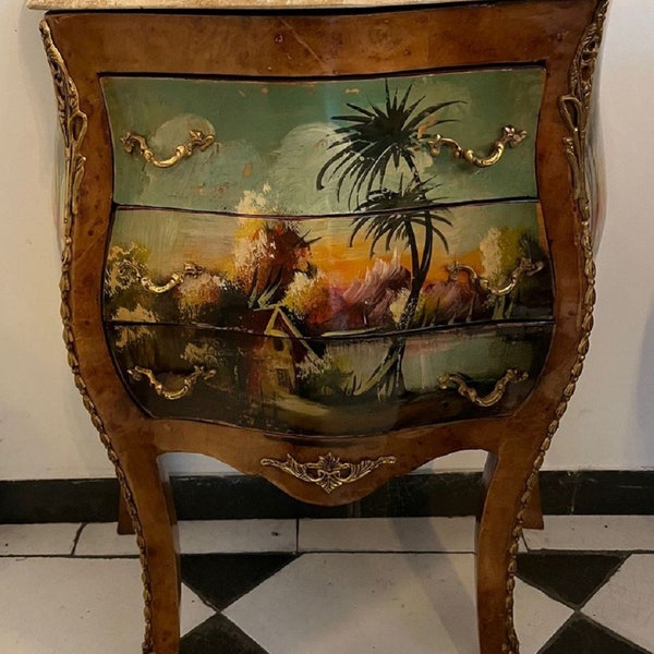 Casa Padrino commode baroque marron / multicolore / crème - Commode de nuit de style baroque faite à la main avec dessus en marbre 3 tiroirs - Mobilier baroque