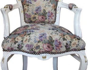 Casa Padrino Barock Esszimmer Stuhl mit Armlehnen Blumen Muster / Creme / Gold - Limi