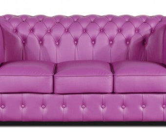 Casa Padrino Echtleder 3er Sofa Violett 200 x 90 x H. 78 cm - Luxus Chesterfield Möbe