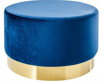 Casa Padrino Designer Rundhocker Blau / Gold B. 55 x H. 35 cm - Wohnzimmer Möbel