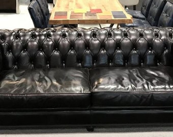 Casa Padrino Luxus Chesterfield Leder Sofa Schwarz 240 x 100 x H. 80 cm - Echtleder Wohnzimmer Sofa - Wohnzimmer Möbel - Chesterfield Möbel