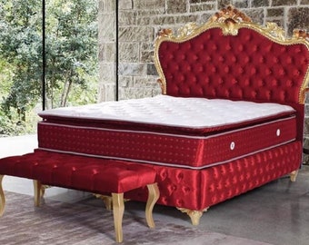 Casa Padrino Barock Doppelbett Rot / Gold - Prunkvolles Samt Bett mit Matratze - Schl