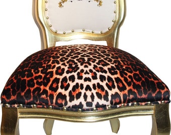 Pompöös by Casa Padrino Luxus Barock Esszimmer Stuhl Leopard / Weiß / Gold Glitzerkro