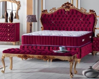 Casa Padrino Barock Doppelbett Bordeauxrot / Gold - Prunkvolles Samt Bett mit Glitzer