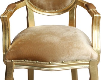 Casa Padrino Barock Luxus Esszimmer Medaillon Stuhl mit Armlehnen Gold Samtstoff / Go
