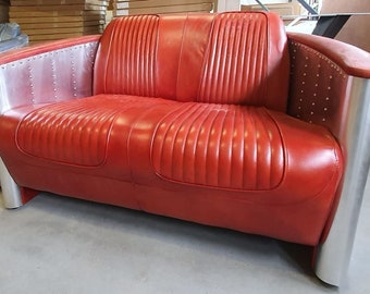 Casa Padrino luxury Art Deco leather sofa red / silver 172 x 70 x H. 82 cm - Aluminum living room sofa with real leather