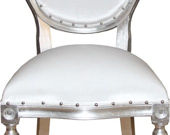 Casa Padrino Barock Medaillon Luxus Esszimmer Stuhl ohne Armlehnen in Weiss / Silber
