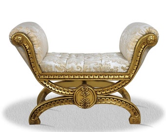 Casa Padrino Antik Stil Hocker Gold Weiß Muster - Barock Sitzhocker