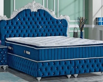 Casa Padrino Barock Doppelbett Royalblau / Weiß - Prunkvolles Samt Bett mit Glitzerst