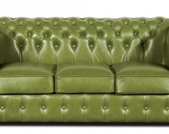 Casa Padrino Echtleder 3er Sofa Grün 200 x 90 x H. 78 cm - Luxus Chesterfield Möbel