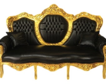 Casa Padrino Barock 3er Sofa King Schwarz Lederoptik / Gold - Wohnzimmer Couch Möbel