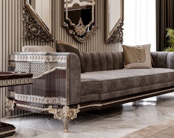 Casa Padrino luxury baroque sofa grey / dark brown / gold 265 cm