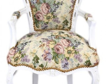 Casa Padrino Barock Esszimmer Stuhl mit Armlehnen Blumenmuster / Antik Weiß