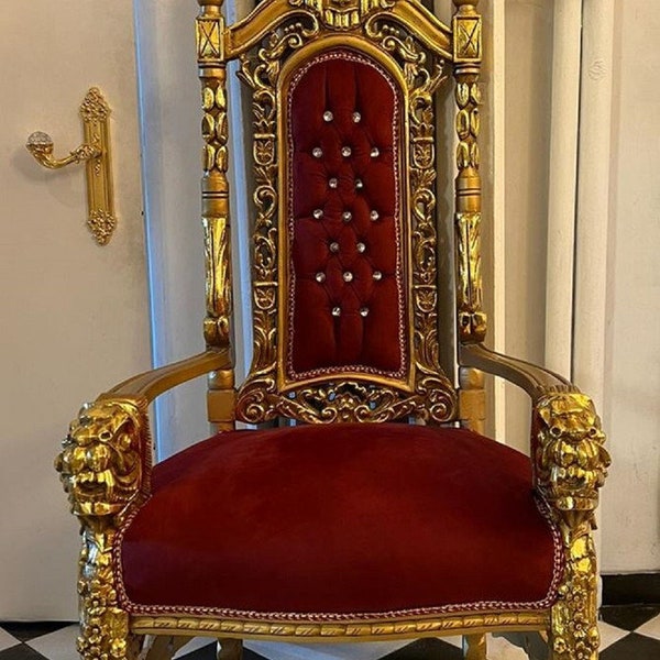 Fauteuil trône baroque Casa Padrino avec tissu en velours fin et strass Bordeaux rouge / or - fauteuil royal fait main - fauteuil de mariage