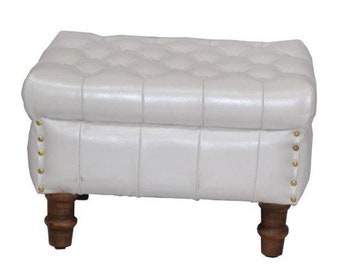 Casa Padrino Echtleder Hocker Weiß 50 x 40 x H. 35 cm - Luxus Chesterfield Fußhocker