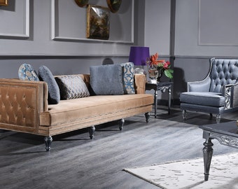 Casa Padrino Luxus Barock Chesterfield Sofa Beige / Silber 250 x 92 x H. 85 cm - Baro