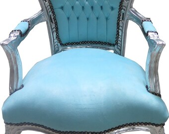 Casa Padrino Barock Esszimmer Stuhl mit Armlehnen Türkis/Silber - Möbel Antik Stil