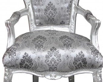 Casa Padrino Barock Esszimmer Stuhl Grau Muster / Silber  mit Armlehnen - Möbel