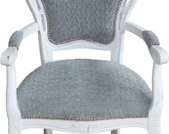 Casa Padrino Barock Esszimmer Stuhl mit Armlehnen Grau-Blau / Antik Weiss - Designer