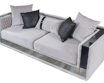 Casa Padrino canapé 3 places de luxe gris clair / argent 220 x 90 x H. 70 cm - Canapé de salon miroir