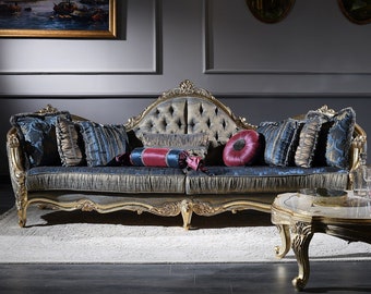 Casa Padrino Luxus Barock Chesterfield Sofa Dunkelblau / Antik Gold 300 x 90 x H. 119