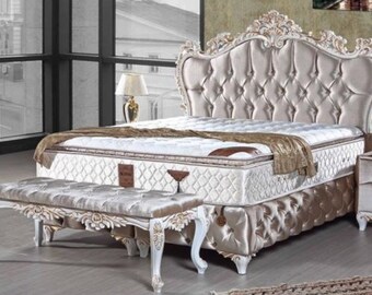 Casa Padrino Barock Doppelbett Silber / Weiß / Gold - Samt Bett mit Glitzersteinen un