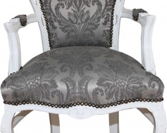Casa Padrino Barock Esszimmer Stuhl mit Armlehnen Grau Muster / Weiß - Antik Möbel