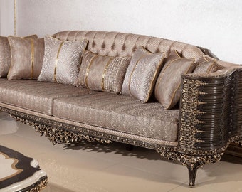 Casa Padrino Luxus Barock Sofa Grau / Dunkelbraun / Gold 282 cm