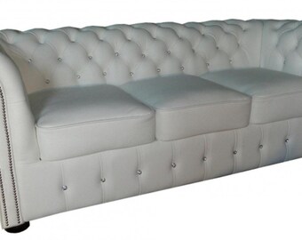 Casa Padrino Chesterfield Echtleder 3er Sofa in weiß mit Glitzersteinen 200 x 90 x H.