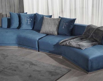 Casa Padrino canapé de luxe bleu / argent 480 x 100 x H. 70 cm - Canapé de salon courbé