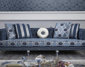 Casa Padrino Luxus Barock Chesterfield Sofa Dunkelblau / Hellblau / Silber 250 x 92 x
