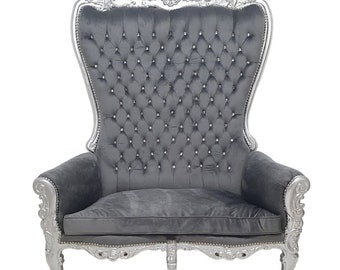 Casa Padrino Baroque Double Throne Armchair Grey Silver Bling Stones Furniture
