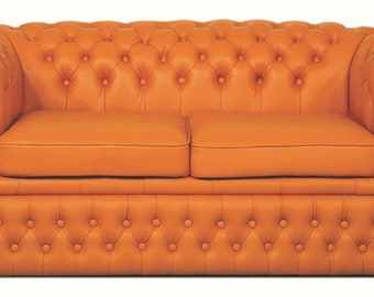 Casa Padrino Echtleder 2er Sofa Orange 180 x 100 x H. 78 cm - Luxus Chesterfield Schl