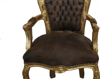 Casa Padrino Barock Esszimmer Stuhl mit Armlehnen Braun / Gold Lederoptik