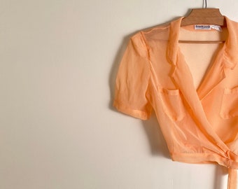 CACHAREL vintage sheer wrap blouse with white polka dots on apricot background, short puff sleeves and cropped cut / xs / s / 1990s