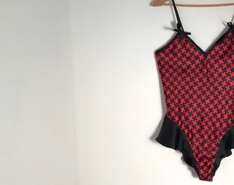 Yves SAINT LAURENT body vintage con motivi gingham neri e rossi, volant e spaghetti / m / l / 1990s