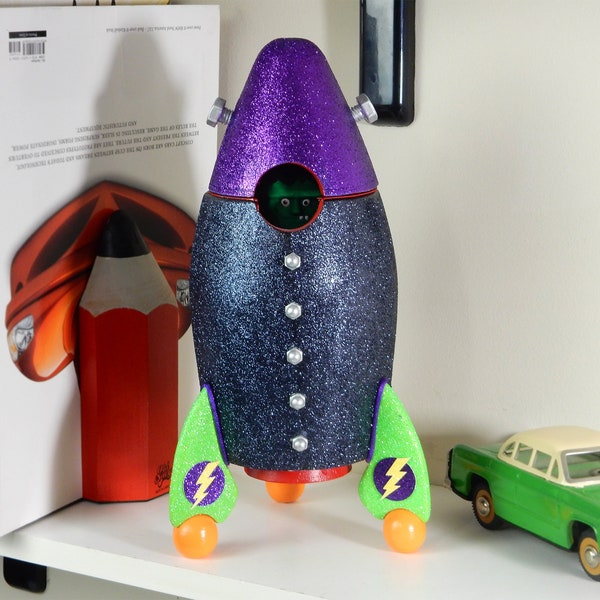Frankenstein Rocket Ship: Halloween Wood Figurine, Space Theme Decor