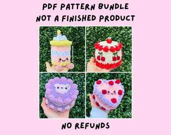 May include: A set of four crochet cake patterns. The cakes are decorated with cherries, sprinkles, and frosting. The patterns are available as a PDF download.  PDF PATTERN BUNDLE NOT A FINISHED PRODUCT NO REFUNDS