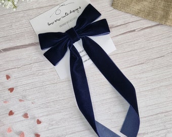 Dark blue velvet ribbon bow, adult hair accessories, antique blue velvet hair bow with long tails, handmade luxury velvet ribbon